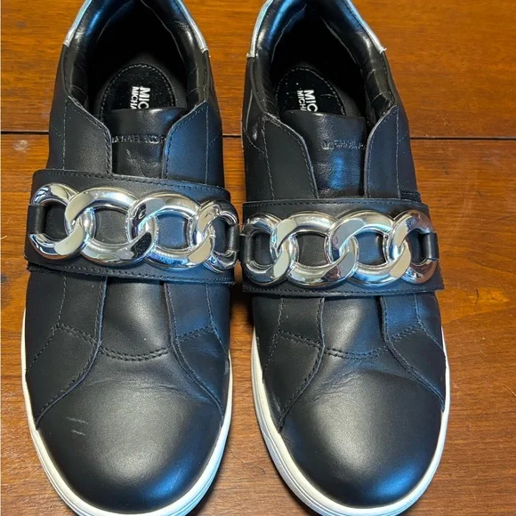 Michael Kors Kenna Chain Link Leather Sneakers Women’s Black Size 8 Style FT20L - Picture 1 of 11